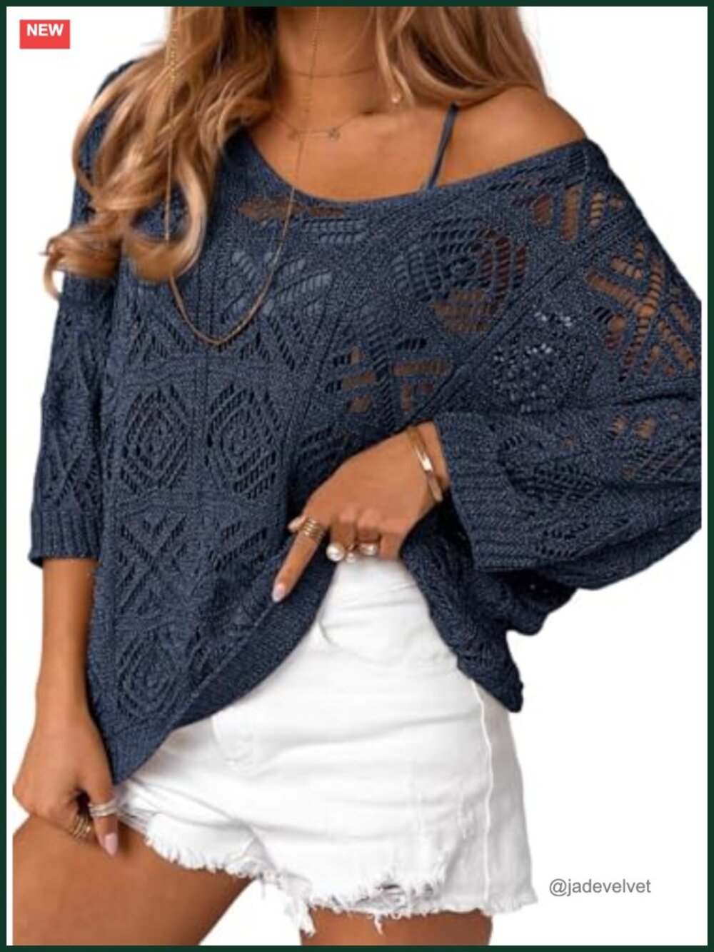 Crochet Hollow Out 3/4 Sleeve Pullover Sweater Off Shoulder T-Shirt Cover Up